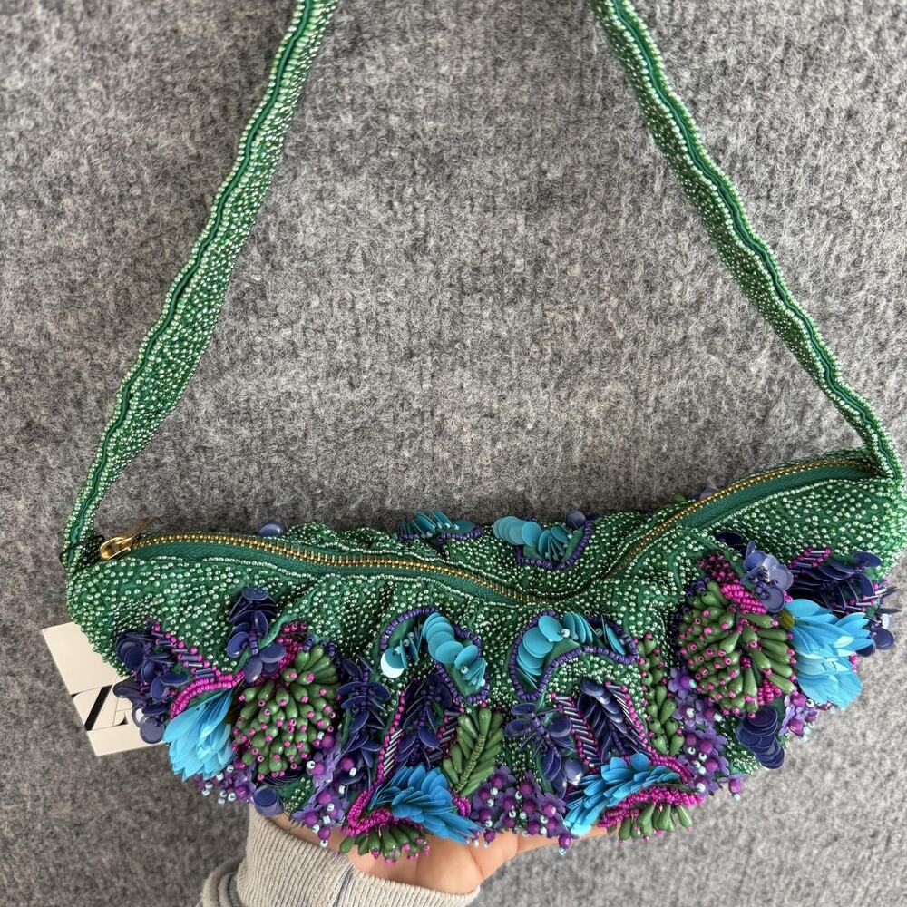 Zara Beaded Floral Shoulder Bag Green Embellished Party Cocktail Purse Artsy - Picture 5 of 12